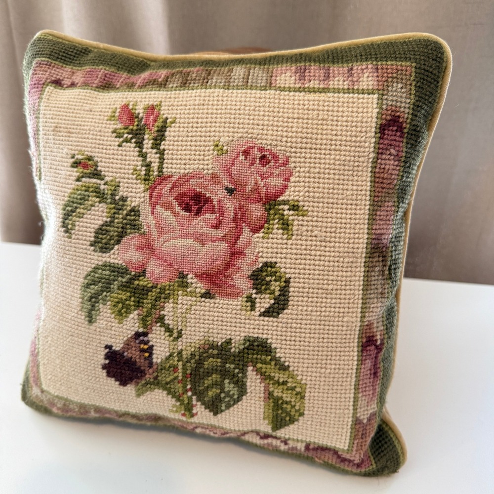 Vintage Floral Needlepoint Throw Pillow Pink Roses Velvet Backing Square Accent - Picture 3 of 4